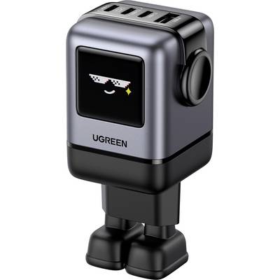 Kompakten UGREEN USB polnilnik z digitalnim zaslonom na obrazu, ki prikazuje nasmejano sonce v sončnih očalih, z štirimi priključki za polnjenje naprav.