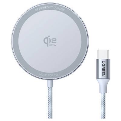 'Brezžični polnilnik s certifikacijo Qi 2 25W, okrogle oblike, pletenec kabel in priključek USB Type-C, označen kot oblikovan po UGREEN.'