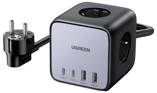 Črn in siv napajalnik UGREEN s tremi vrati USB in evropskim vtičem, namenjen učinkovitemu polnjenju in povezanosti.