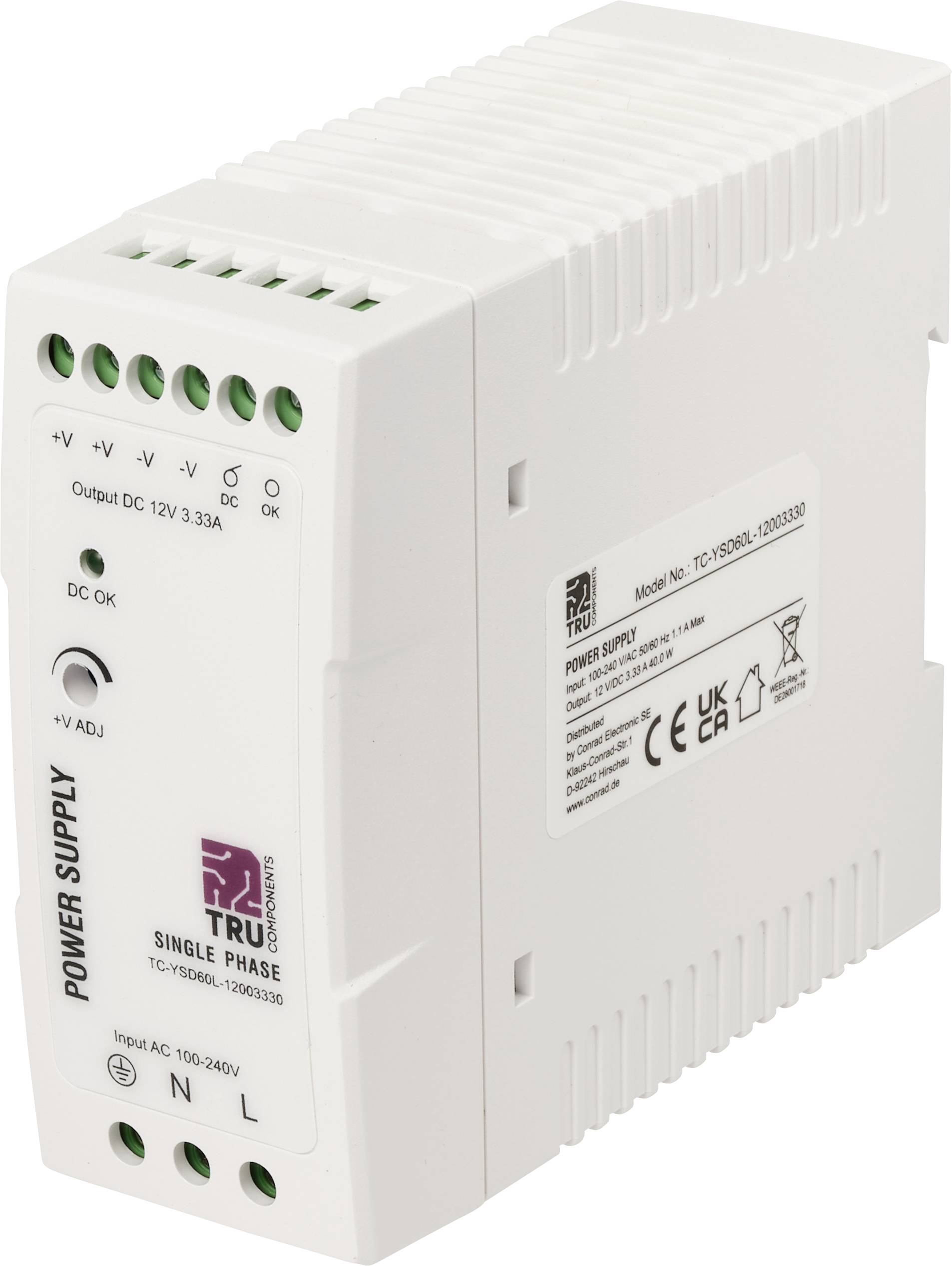 Napajalni blok na DIN-trak s terminalnimi priključki in nalepkami, ki prikazujejo izhod 12V DC in vhod 100-240V AC.