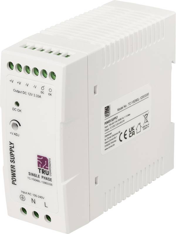 TRU COMPONENTS TC-14382288 napajanje za DIN-letev Poraba (stanje pripravljenosti) 0.7 W 12 V/DC 3.33 A 40 W Število izhodov:1 x  Vsebina, količina, vsebina količinskih enot na prodajno enoto 1 kos