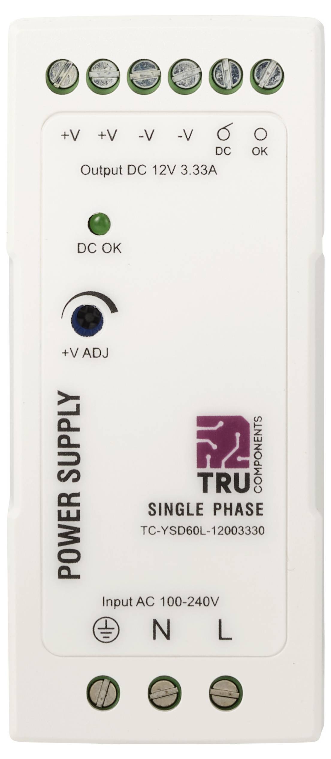 Bela zaprta preklopna napajalna naprava z napisom »POWER SUPPLY« in »Output DC 12V 3.33A«, z nastavljalnim gumbom, svetilko DC OK in priključki za AC vhod.