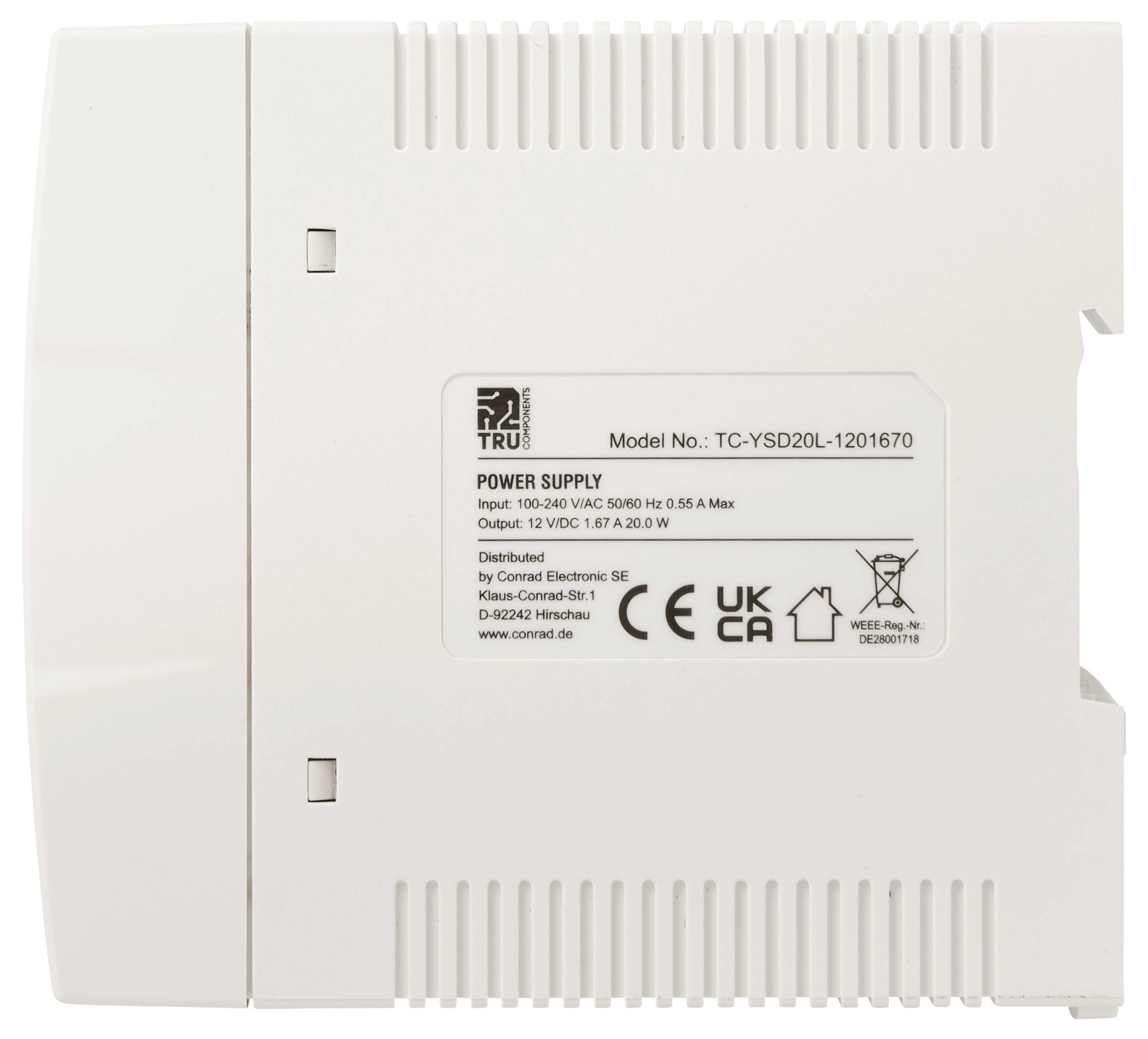 Bela enota za napajanje z električno energijo z oznako, ki prikazuje model TC-YS20L-1201670, izhod 12V DC, 1,67A, 20W.