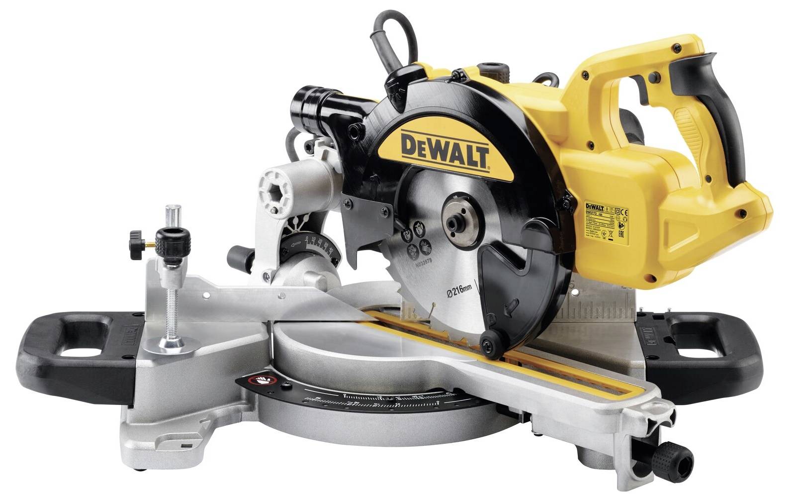 Rumena in črna električna pokončna žaga na kovinski podlagi, znamke »DeWalt«, namenjena natančnim poševnim rezom pri obdelavi lesa.