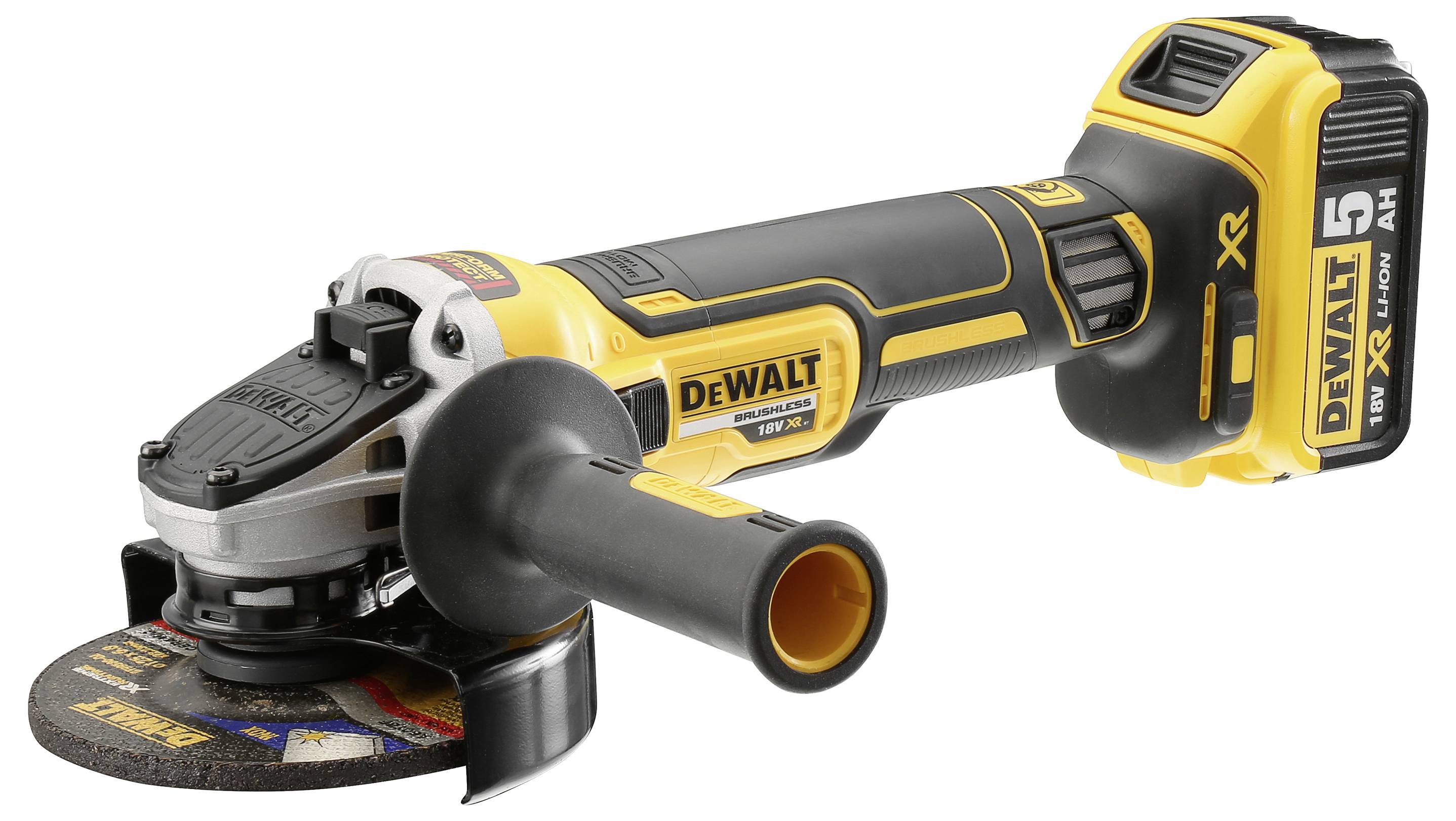 Rumena in črna brezžična kotna brusilka z stranskim ročajem in vidnim diskom, z očitno видno znamko na njeni ohišju.