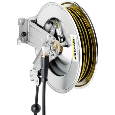 Koluté crijeva pritrjeno na konzolo, z rumenim in črnim crevom navitim okrog njega. Logotip Karcher prikazan na strani.