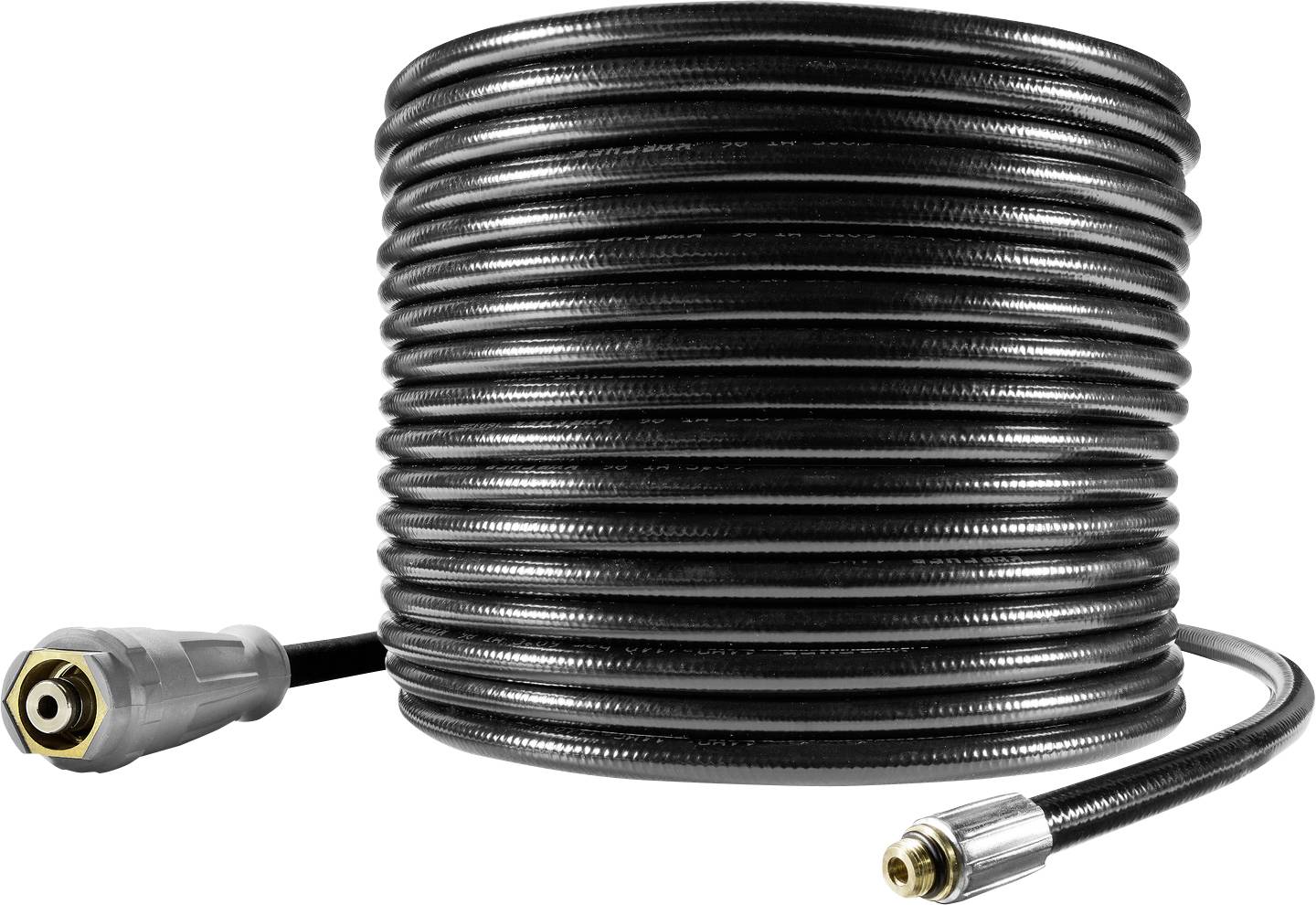 Zvitana črna gumena cev s kovinskimi priključki na obeh koncih, primerna za naloge čiščenja z visokotlačno vodo.