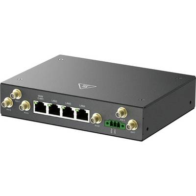 Omrežna naprava s štirimi vrati Ethernet z oznakami WAN, LAN1, LAN2, LAN3 in priključki za antene na črnem kovinskem ohišju.