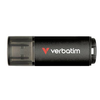 Črn Verbatim USB ključek s prosojno pokrovko, prikazan v stranskem pogledu z vidnim logotipom.