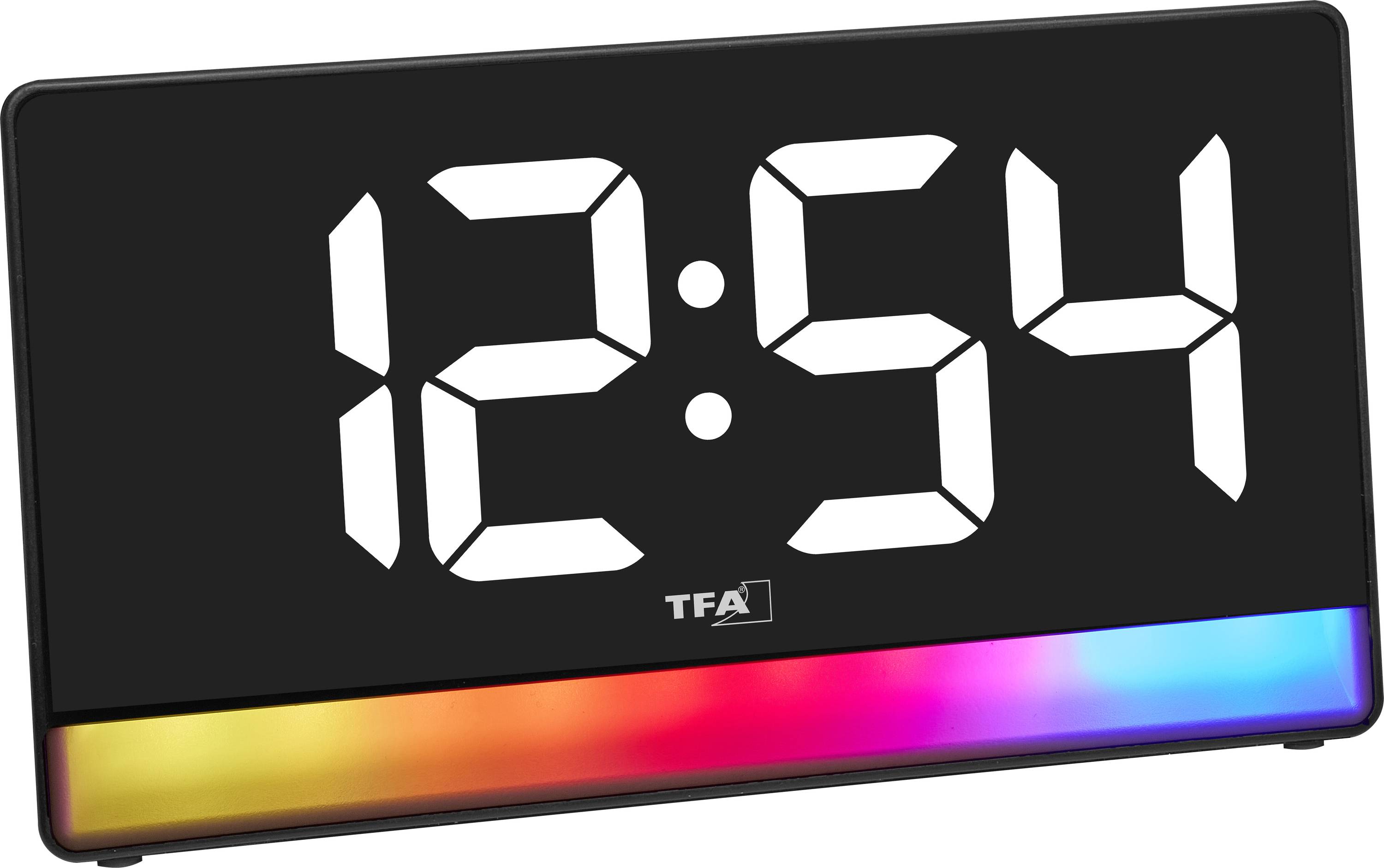 Digitalna ura, ki prikazuje '12:54', z barvno spremenljivo LED podlago, ki prikazuje gradient rdeče, oranžne, roza in modre barve.
