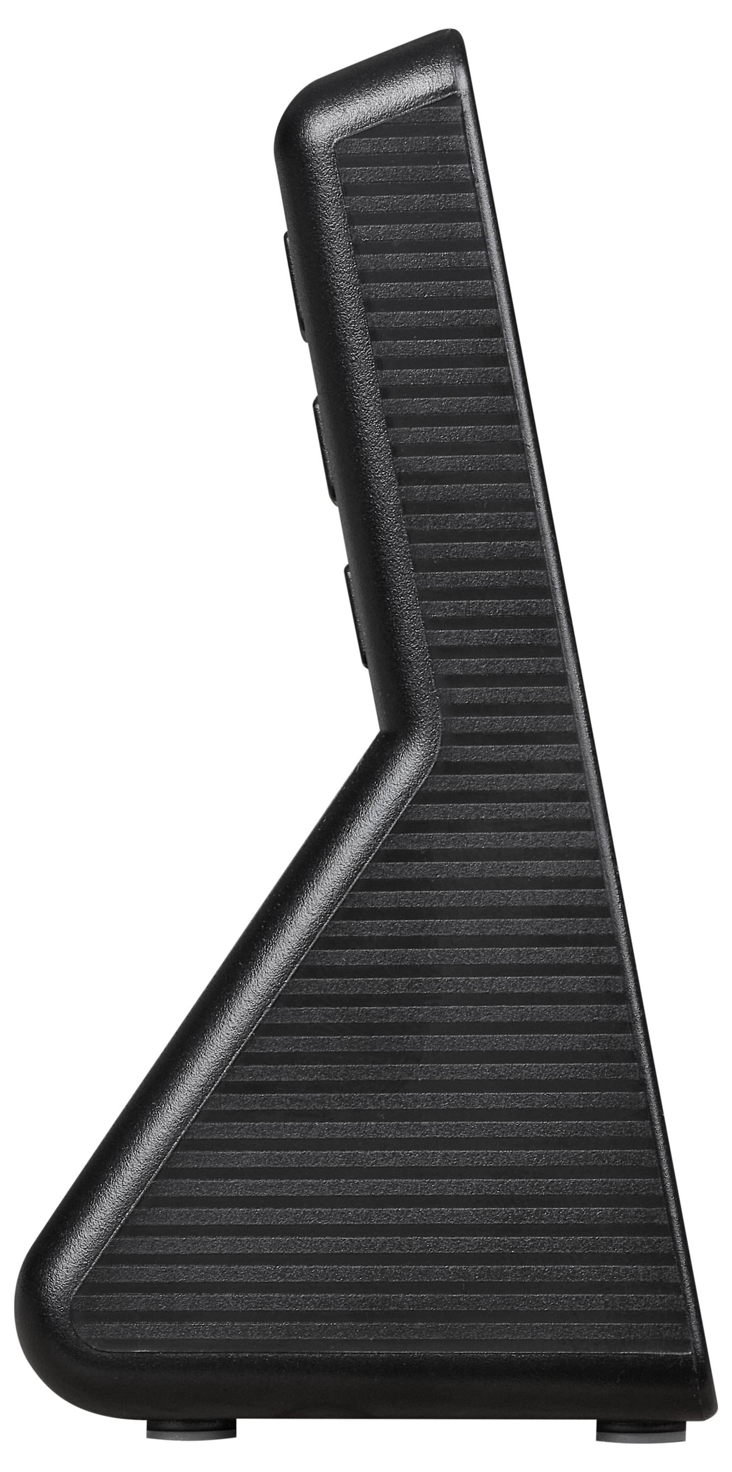 Črni stojalo za nože s poševnim, užlebljenim oblikovanjem, opazovano z boka, v katerem je nekaj nožev.