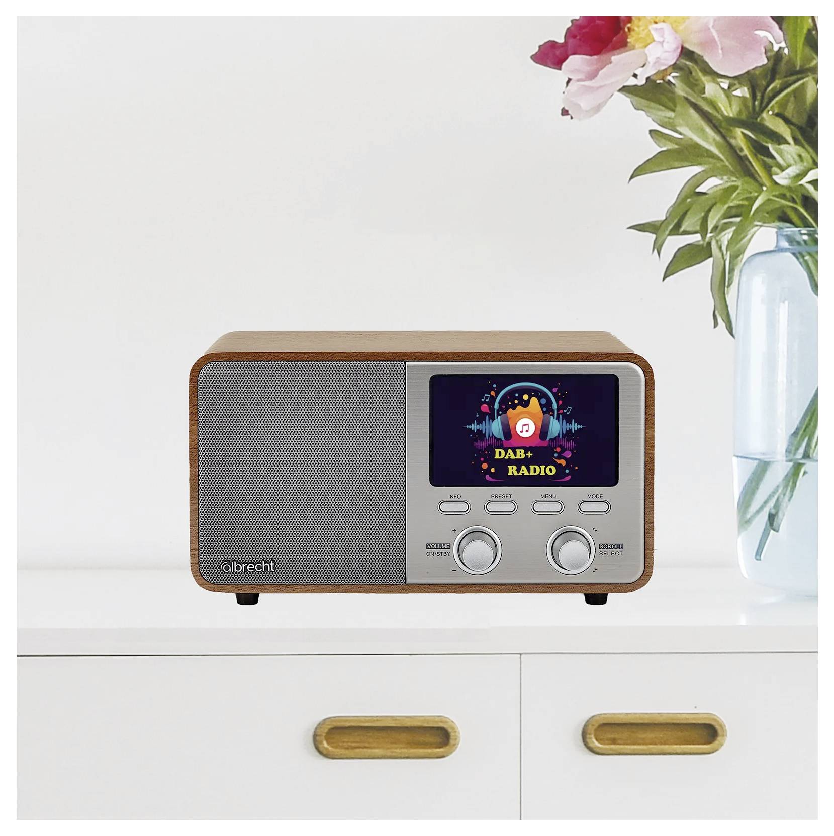 Vintage digitalni radio sodi na beli polici. Majhen zaslon prikazuje pisano logotip »DAB Radio«. V bližini je vaza z rožnatimi in belimi cvetovi.