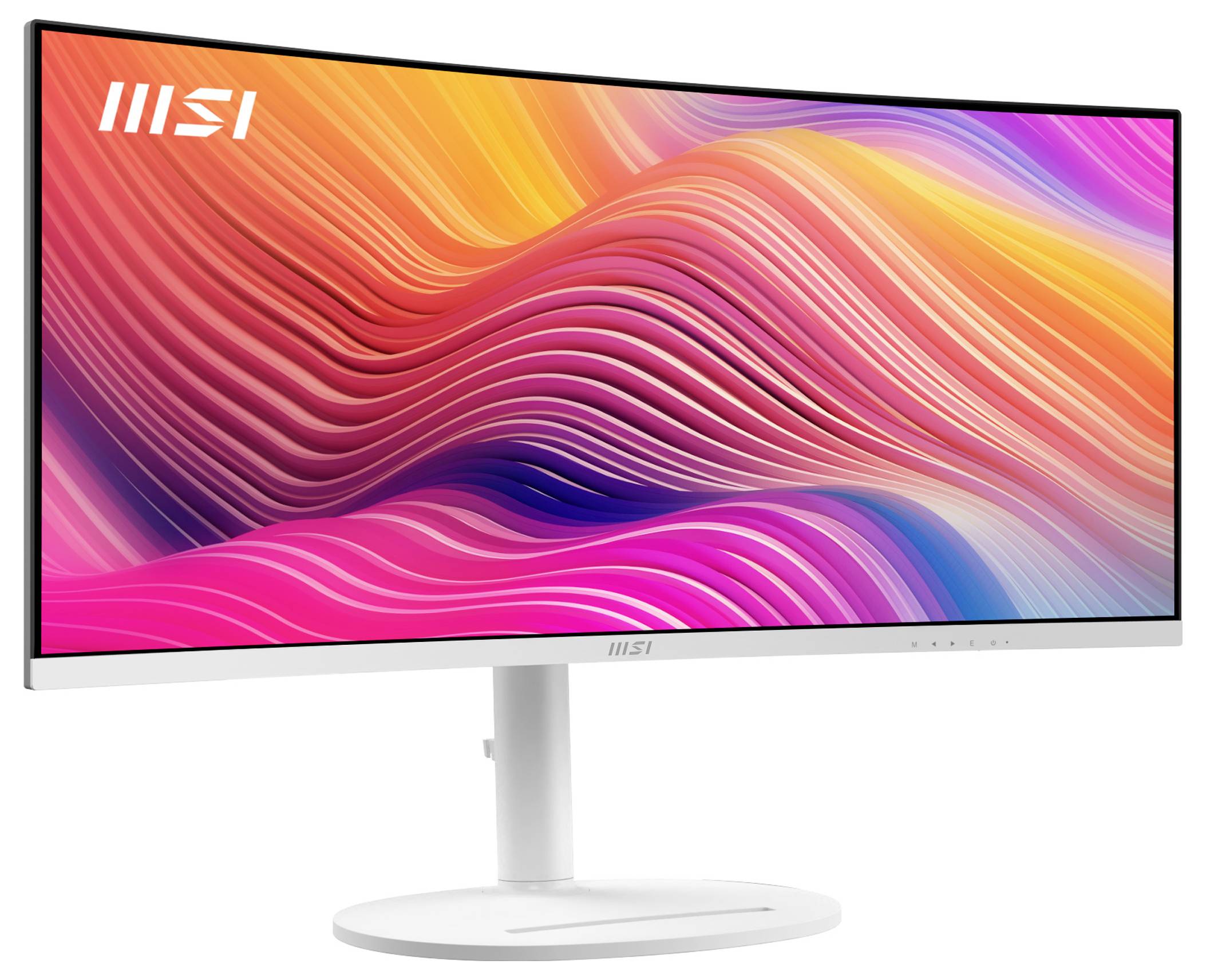 Ukrivljen ultrasiroki monitor, ki prikazuje živahne, večbarvne abstraktne valove, ki izpostavljajo širok barvni spekter zaslona in eleganten dizajn.