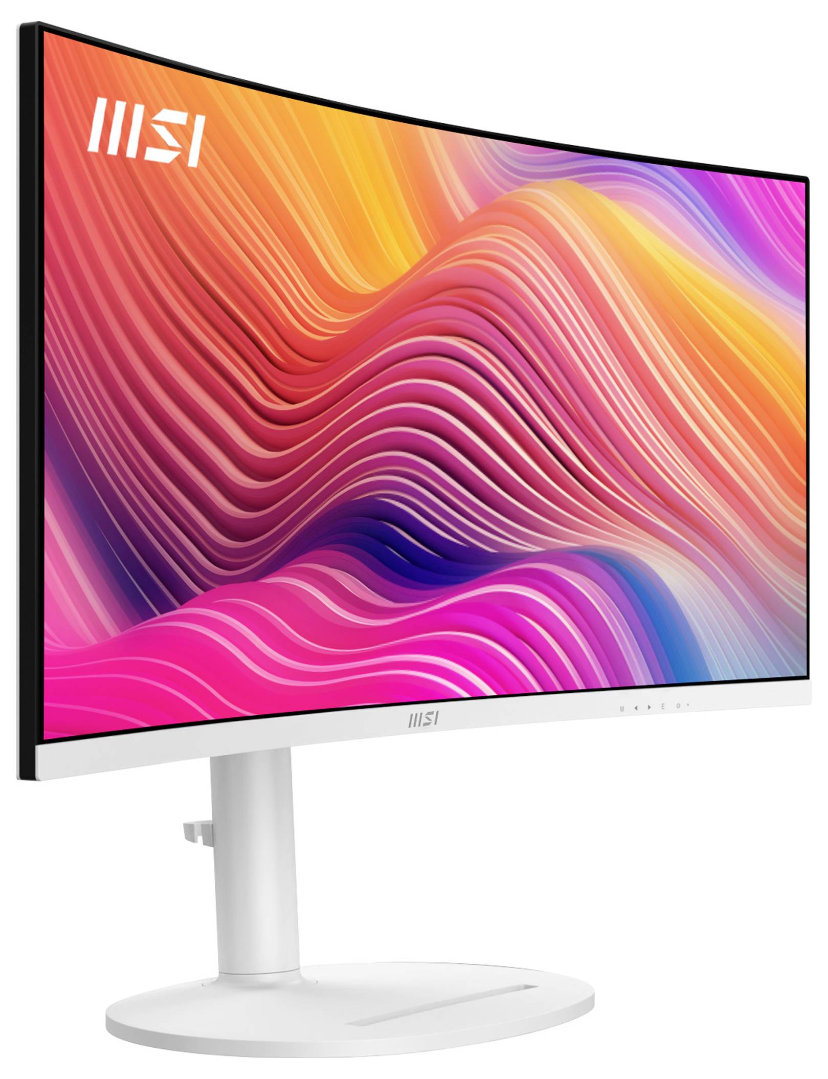 Ukrivljen MSI monitor, ki prikazuje živahne, abstraktne valove v roza, oranžni in modri barvi.