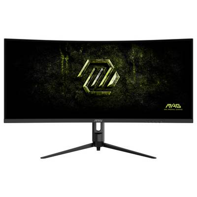 Ukrivljen MSI gaming monitor, ki prikazuje zeleno abstraktno logotipo na teksturiranem temnem ozadju z rumeno-zelenimi podrobnostmi.