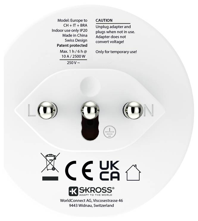 'Evropski adapter vtičnice s pozornostno opombo: Po uporabi izvlecite vtič, ne pretvarja napetosti. Maks. 250V, samo za notranjo uporabo.'