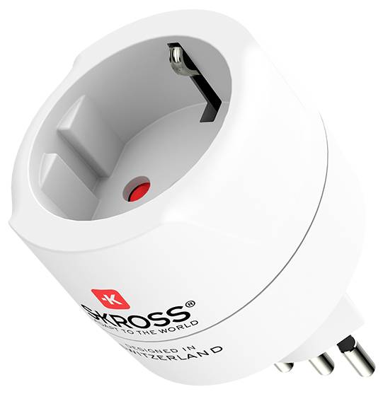 Beli, valjasti napajalni adapter s količki za električne vtičnice, na sprednji strani pa ima rdečo indikatorsko lučko.