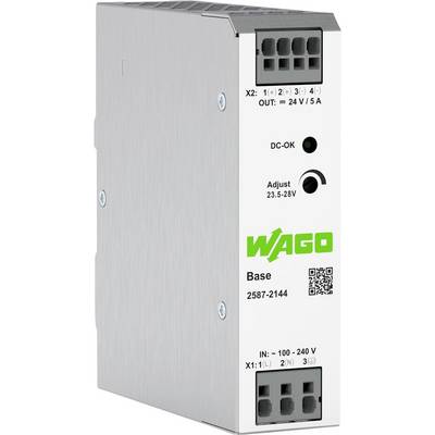 'WAGO Base 2587-2144 napajalni agregat, izhod 24V/5A, nastavljiv 23,5-28V, označeni priključki X1: vhod, X2: izhod, indikator DC-OK.'