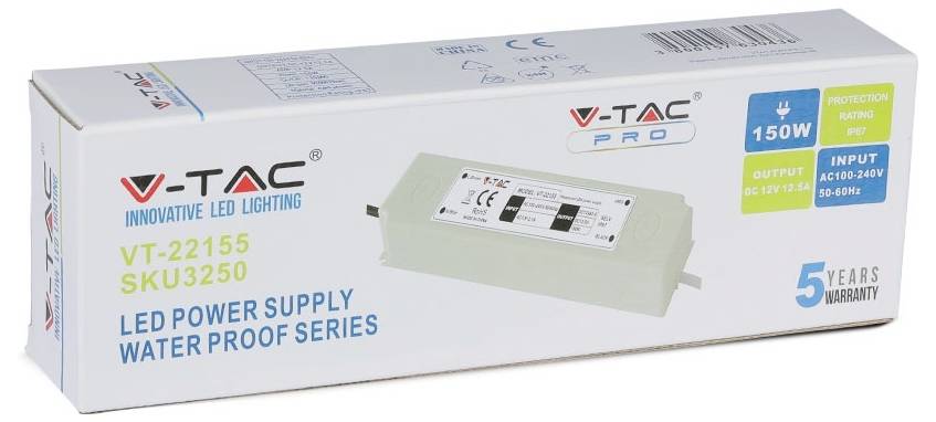 'V-TAC LED napajalni blok serije Waterproof 150W' embalaža z detaljmi proizvoda, kot so model VT-22155, SKU3250 in 5-letna garancija.