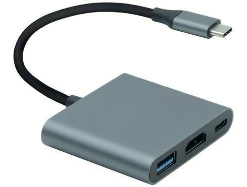 USB-C razdelilnik s črnim kablom, opremljen z vrati USB-A, HDMI in USB-C, namenjen povezovanju več naprav na enoten priključek.