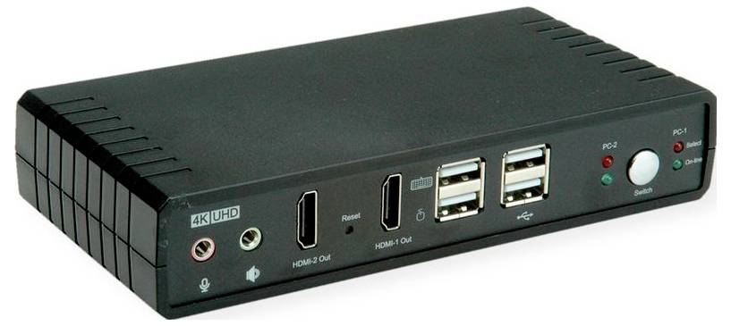 Črna naprava KVM stikalo z dvema vhodoma HDMI, dvema vhodoma USB, priključkom za slušalke, gumbom za vklop in indikatorskimi lučkami je prikazana.