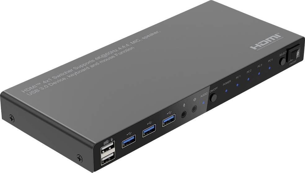 Eleganten HDMI 4K stikač z več vrati USB 3.0, gumbi za napajanje in vhod ter LED indikatorji, zasnovan za učinkovito upravljanje povezav.