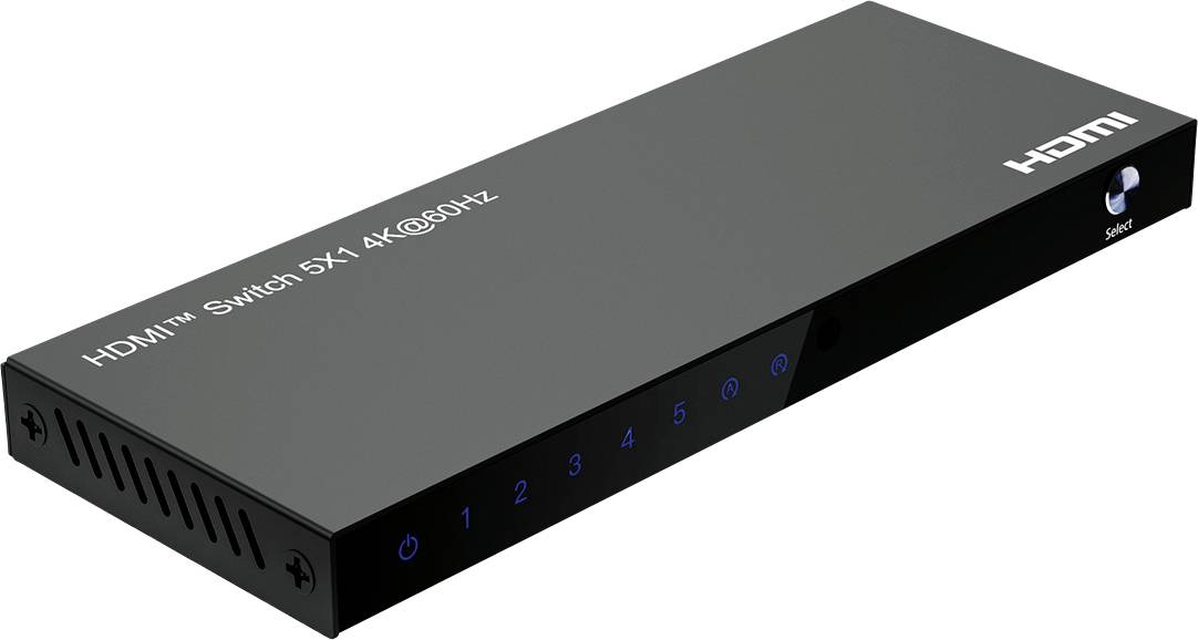 HDMI stikalo s 5 vhodnimi vrati, označenimi od 1 do 5, s podporo za 4K pri 60Hz. Črn pravokotni dizajn s tipkami za napajanje in vnos na sprednji strani.
