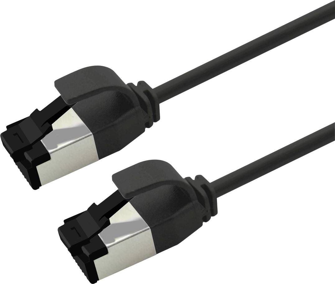 Dva črna Ethernet kabla z RJ45 konektorji na belem ozadju.