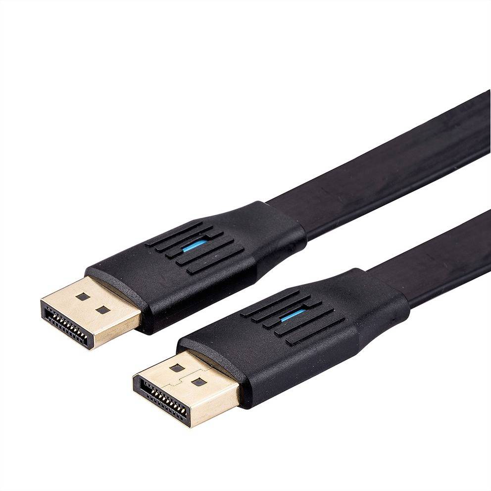 Dvojni črni DisplayPort kabli s povezovalniki, ki imajo modri poudarni trak, primerni za povezovanje monitorjev z računalniki.