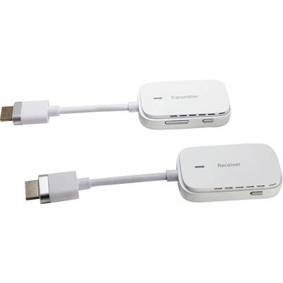 Brezžični HDMI oddajnik in sprejemnik, vsak z HDMI priključkom in označen z "Oddajnik" in "Sprejemnik", za pretakanje videa.