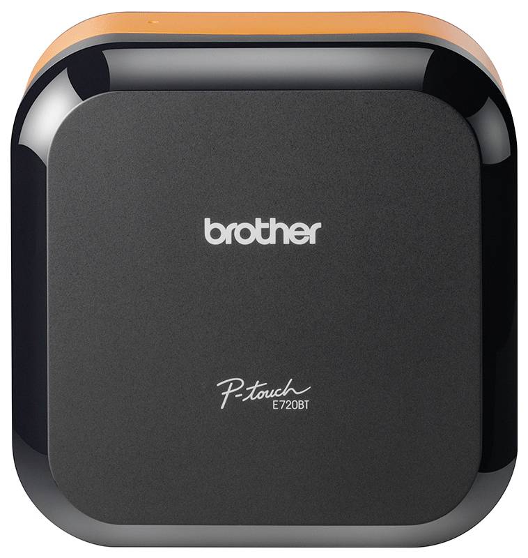 Brother P-touch E720BT tiskalnik nalepk v črni in oranžni barvi, z logotipom Brother na vrhu in imenom modela na dnu.