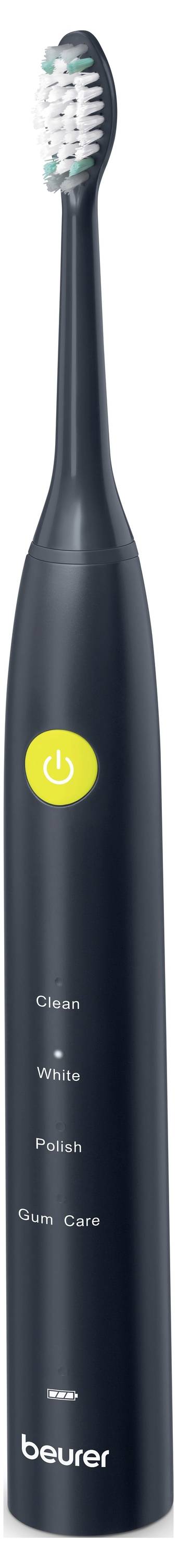 Črna električna zobna ščetka s rumenim gumbom za vklop in načini 'Čistenje,' 'Beljenje,' 'Poliranje' in 'Nego dlesni' podjetja Beurer.