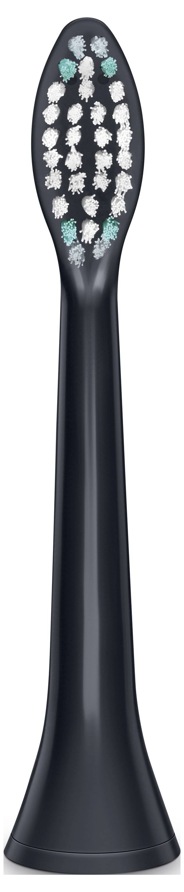 Črna glava električne zobne ščetke z belimi in modro-zelenimi ščetinami, razporejenimi v ovalno obliko.