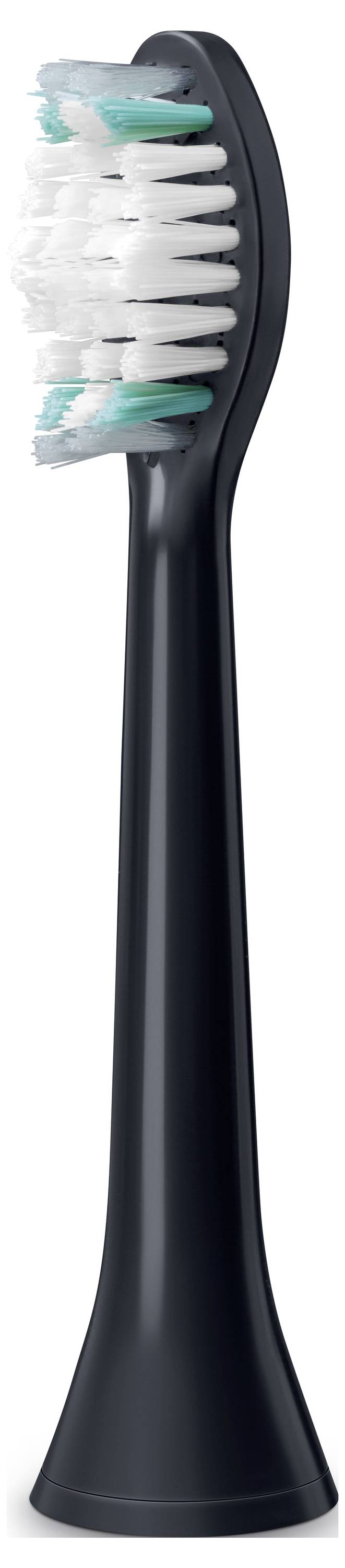 Črna glava električne zobne ščetke z belimi in tealnimi ščetinami, prikazana navpično.