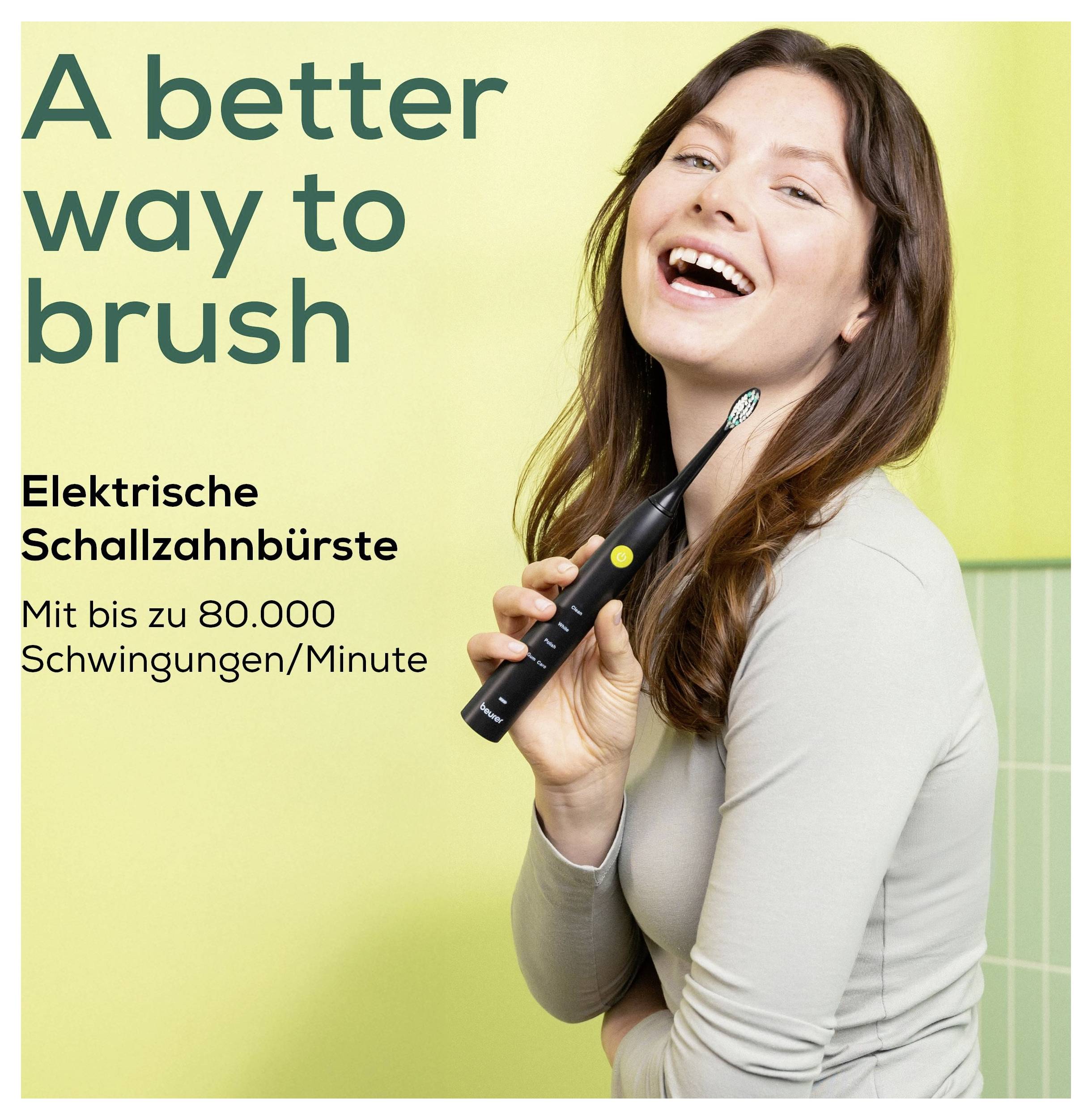 Oseba se smehlja medtem ko drži električno zobno ščetko. Besedilo se glasi 'Boljši način za čiščenje', kar poudarja njeno visokohitrostno zmogljivost.
