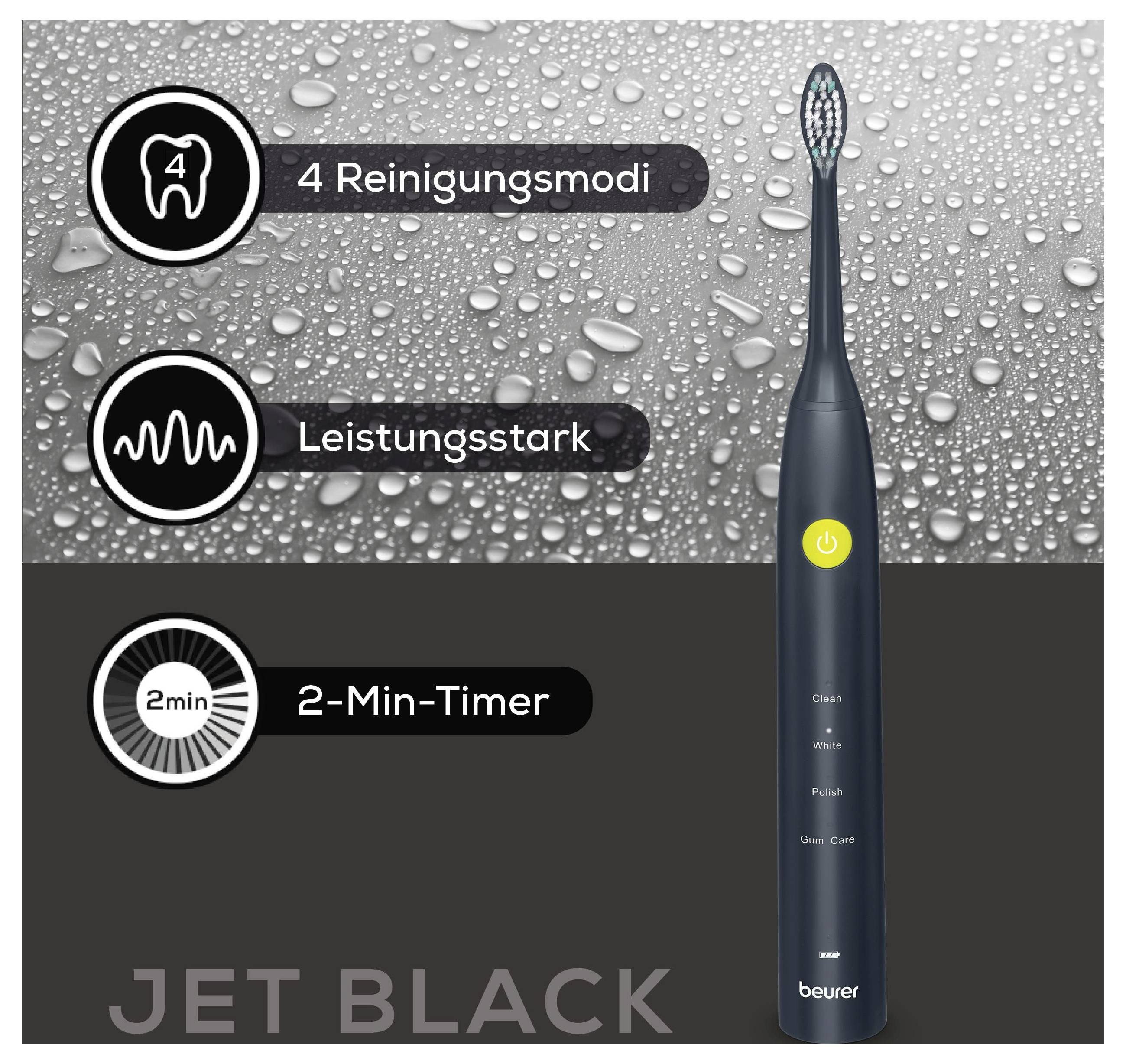 Električna zobna ščetka je prikazana pred ozadjem vodnih kapljic. Izpostavi naslednje lastnosti: '4 načini čiščenja', 'Zmogljiva', '2-minutni časovnik'.