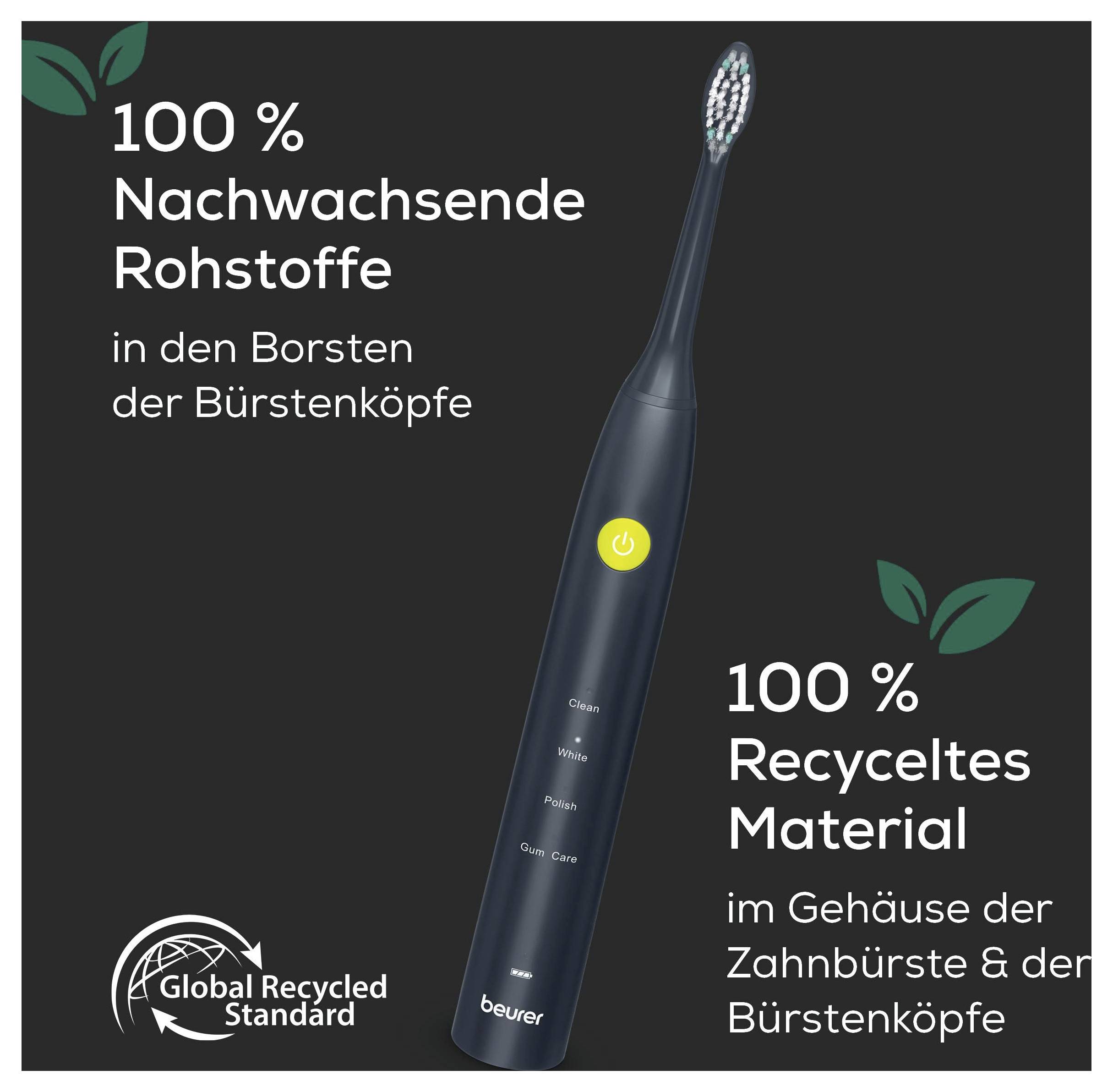 Električna zobna ščetka s tekstom "100 % obnovljivi naravni materiali" in "100 % reciklirano gradivo" ob logojih za certifikacijo trajnosti.