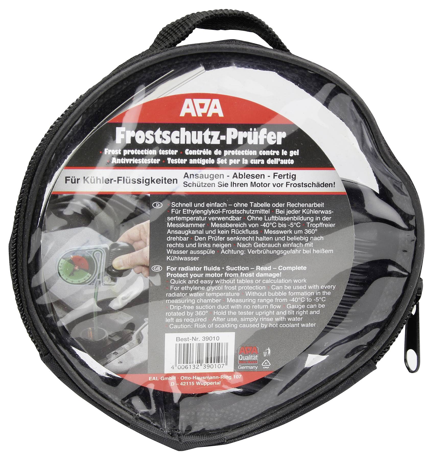 Slika prikazuje okrogel paket »Frostschutz-Prüfer« preizkusnika proti zmrzali z nemškim besedilom, s fotografijo preizkusnika v uporabi.