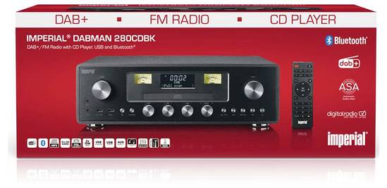 'IMPERIAL DABMAN 280CDBK' ima značilnosti DAB+/FM radija, CD predvajalnika, USB, Bluetootha. Škatla izpostavlja digitalne zvočne značilnosti in logotipe blagovne znamke.
