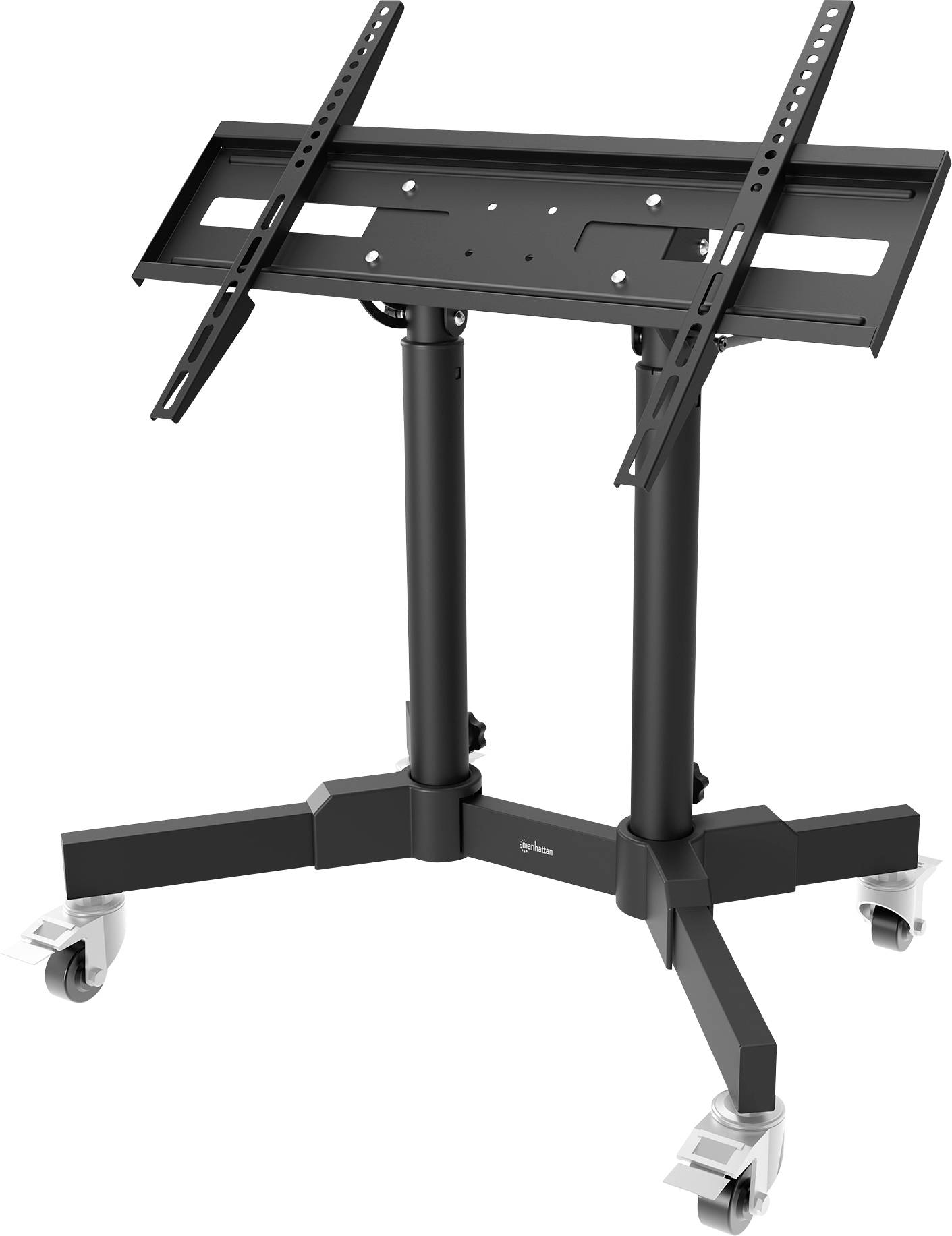 Mobilni TV stalak s nagibnom montažom i zaključavajućim kotačima, dizajniran za držanje plosnate TV ekrane, prikladan za različite kutove gledanja.