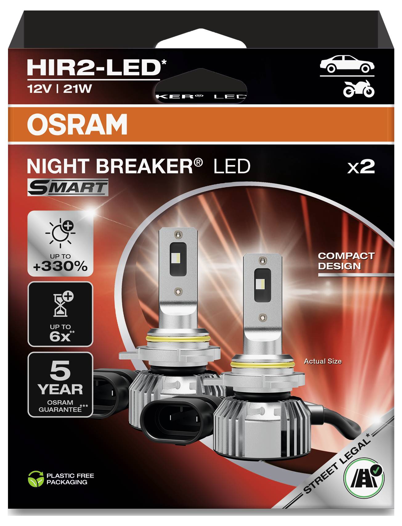 Paket žarnic za glavne luči 'OSRAM Night Breaker LED' z dvema žarnicama, z napomeno 'do +330% več svetlobe' in '5-letna garancija'.