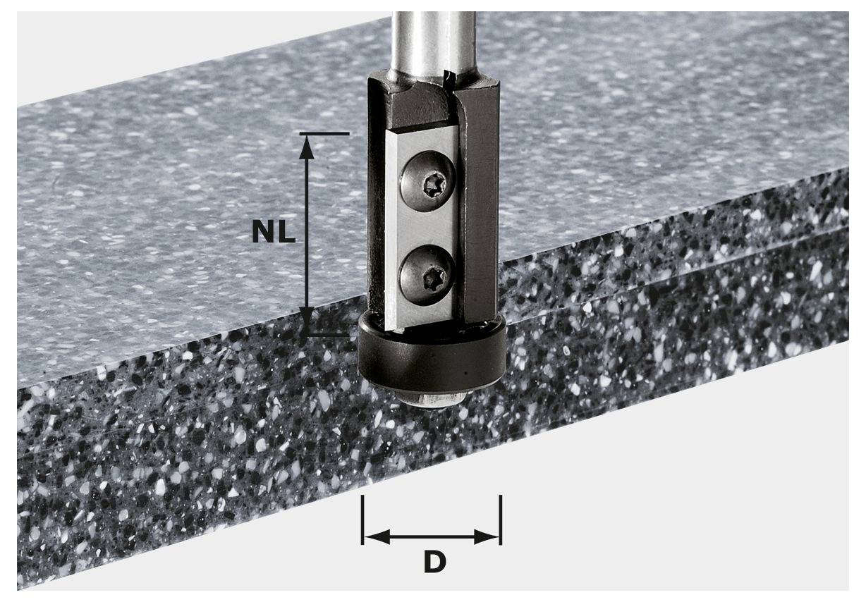 Svedra, ki je delno vstavljena v teksturirano površino s puščicami, ki označujejo meritve: »NL« za globino in »D« za premer.