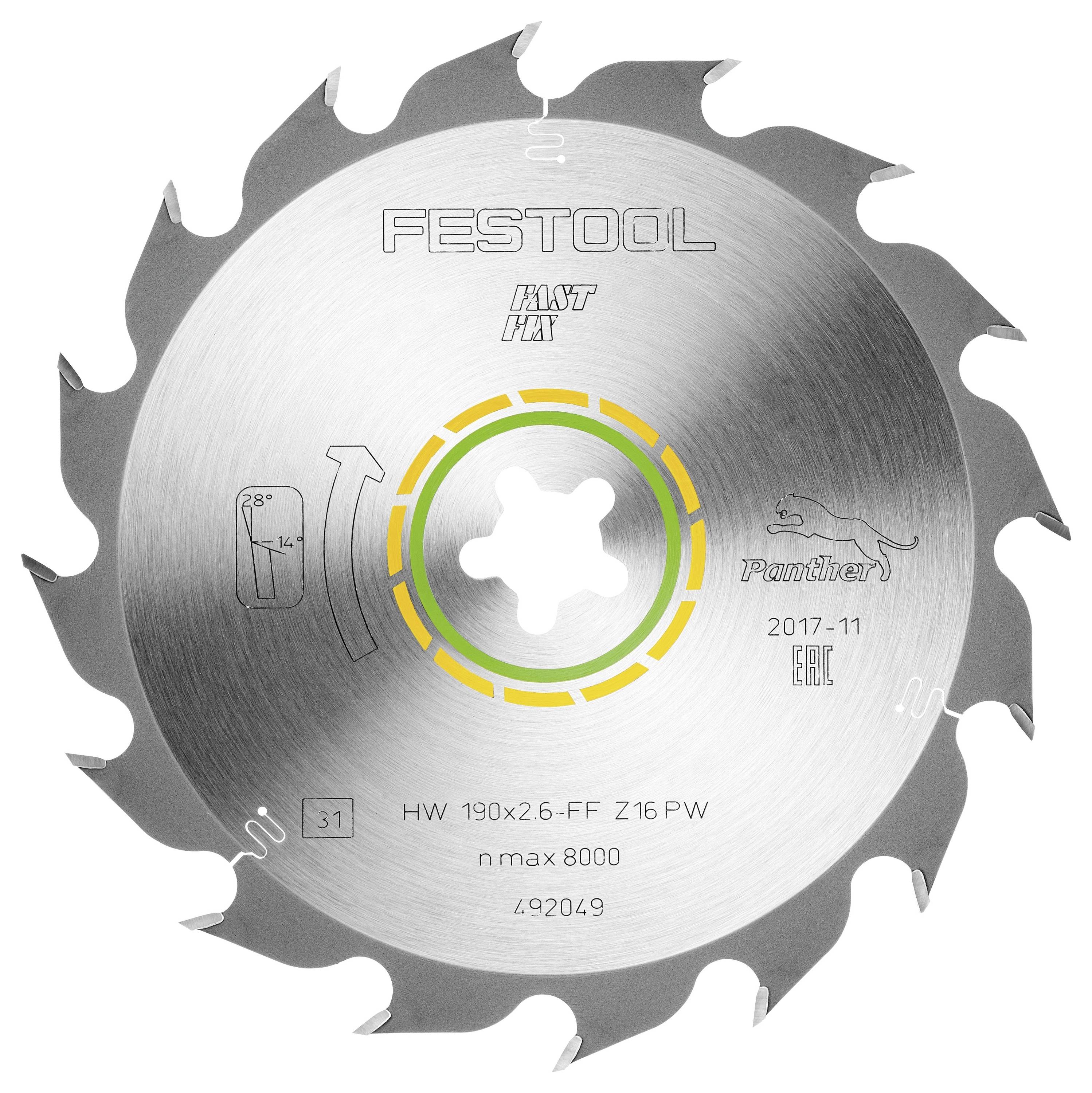 Krožna žaga z nazobljenimi zobci, označena z "Festool Panther". Zasnovana je za hitro, agresivno rezanje. Maksimalna hitrost: 8000 RPM.