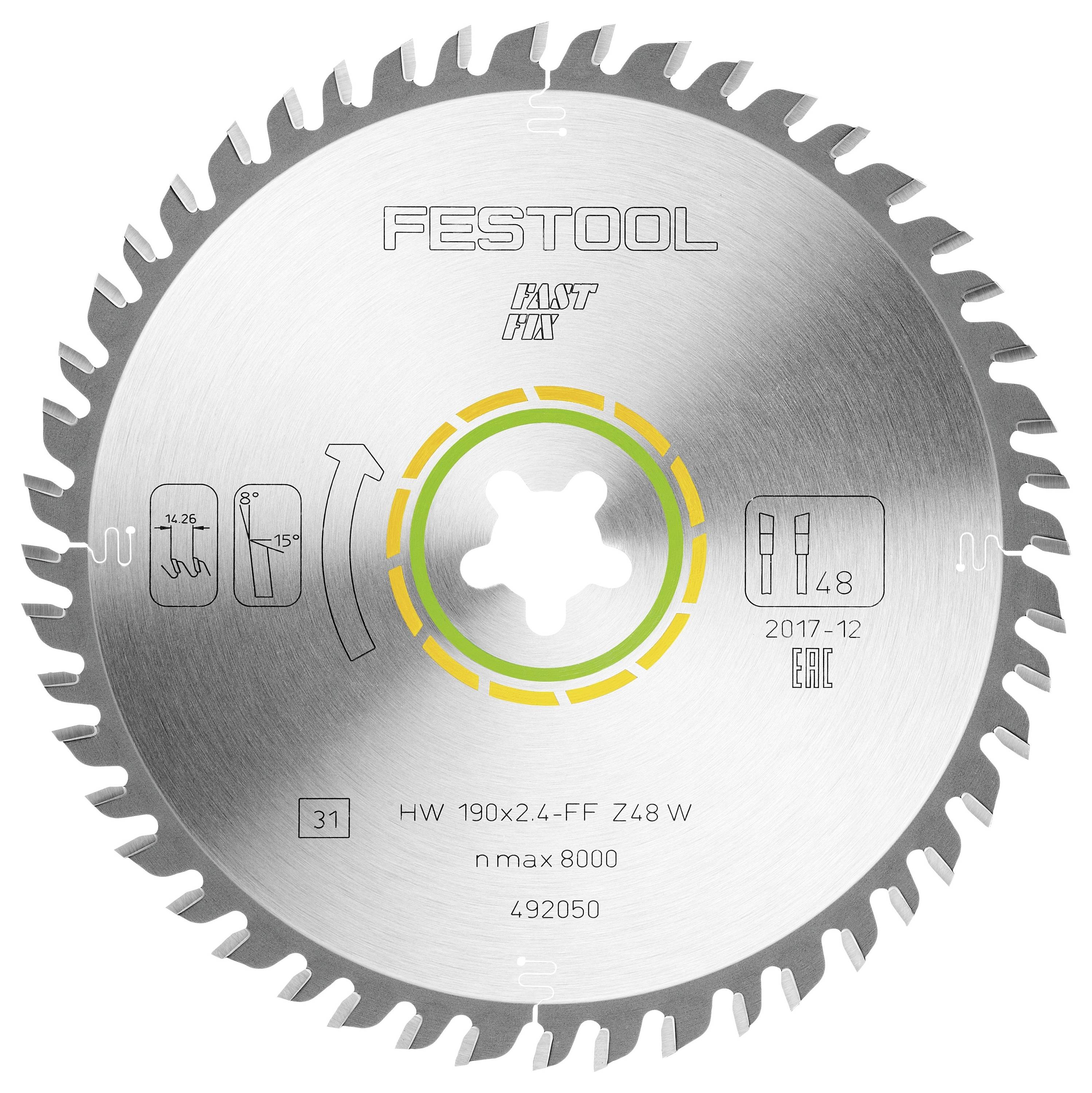 Krožna pila znamke 'Festool', indikatorji za rezanje, smer vrtenja, specifikacije: HW 190x2.4-FF Z48 W, n max 8000.
