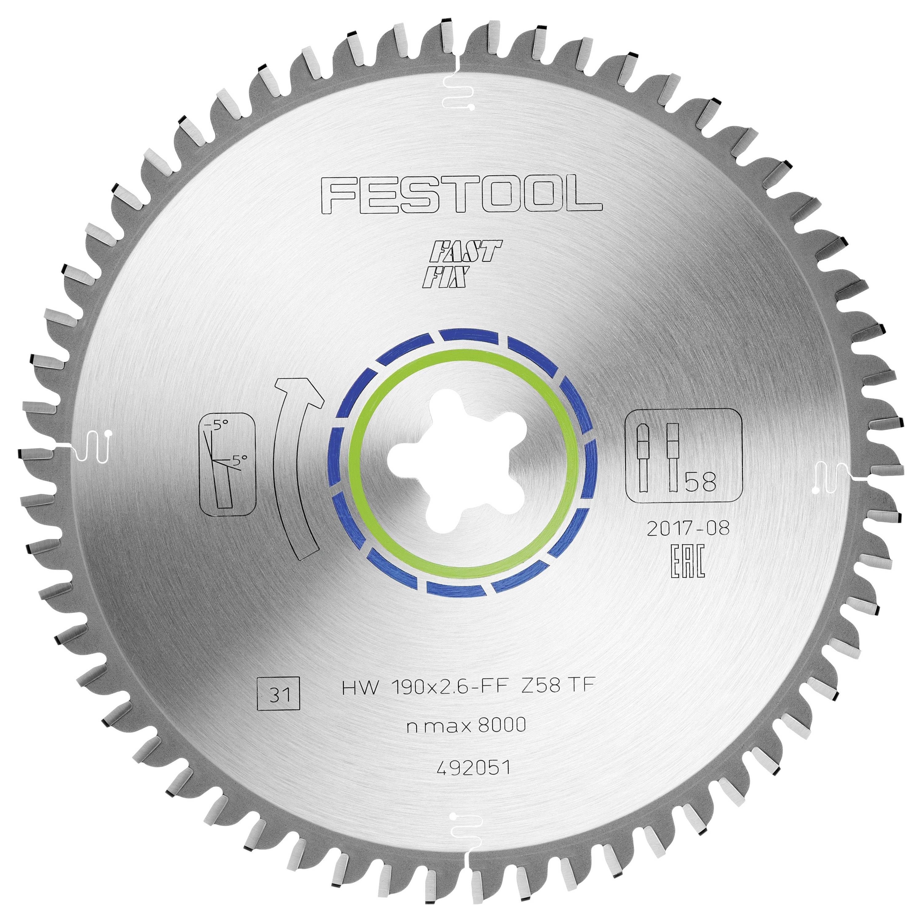 Krožna žaga z nazobčanim robom, označena s »Festool« in specifikacijami vključno z »HW 190x2.6-FF Z58 TF« ter maksimalno hitrostjo »8000 RPM«.