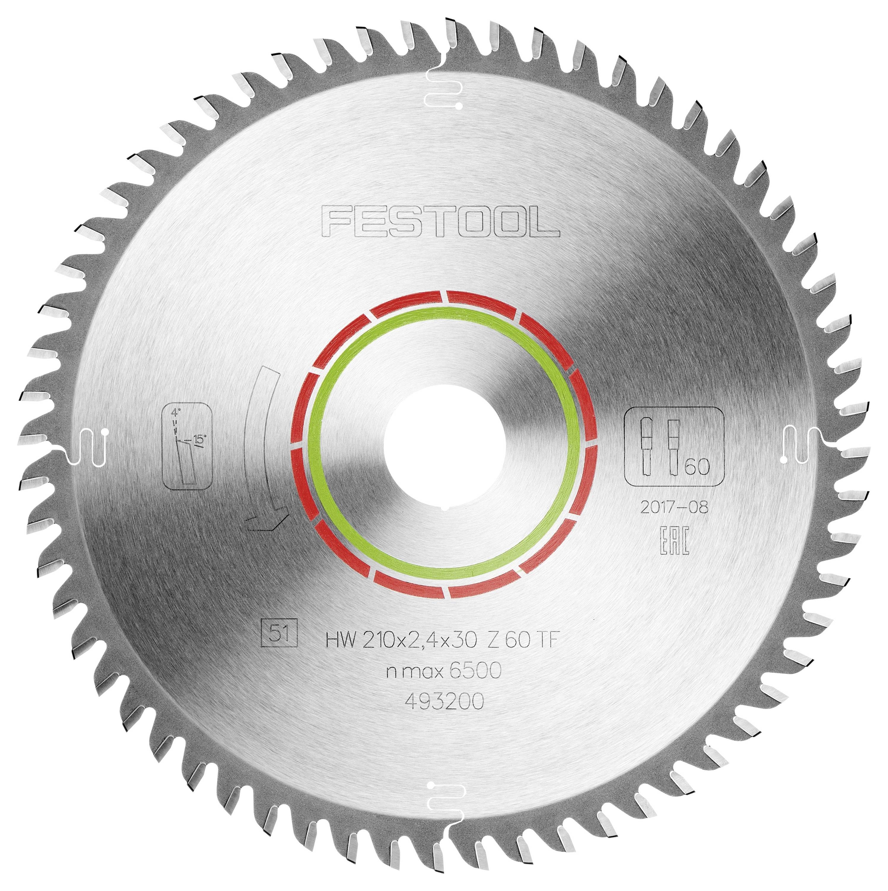 'Okrogla srebrna Festooljeva žagina rezila z ostrimi zobmi, označena s specifikacijami: HW 210x2,4x30 Z 60 TF, maks. 6500 RPM, 493200.'