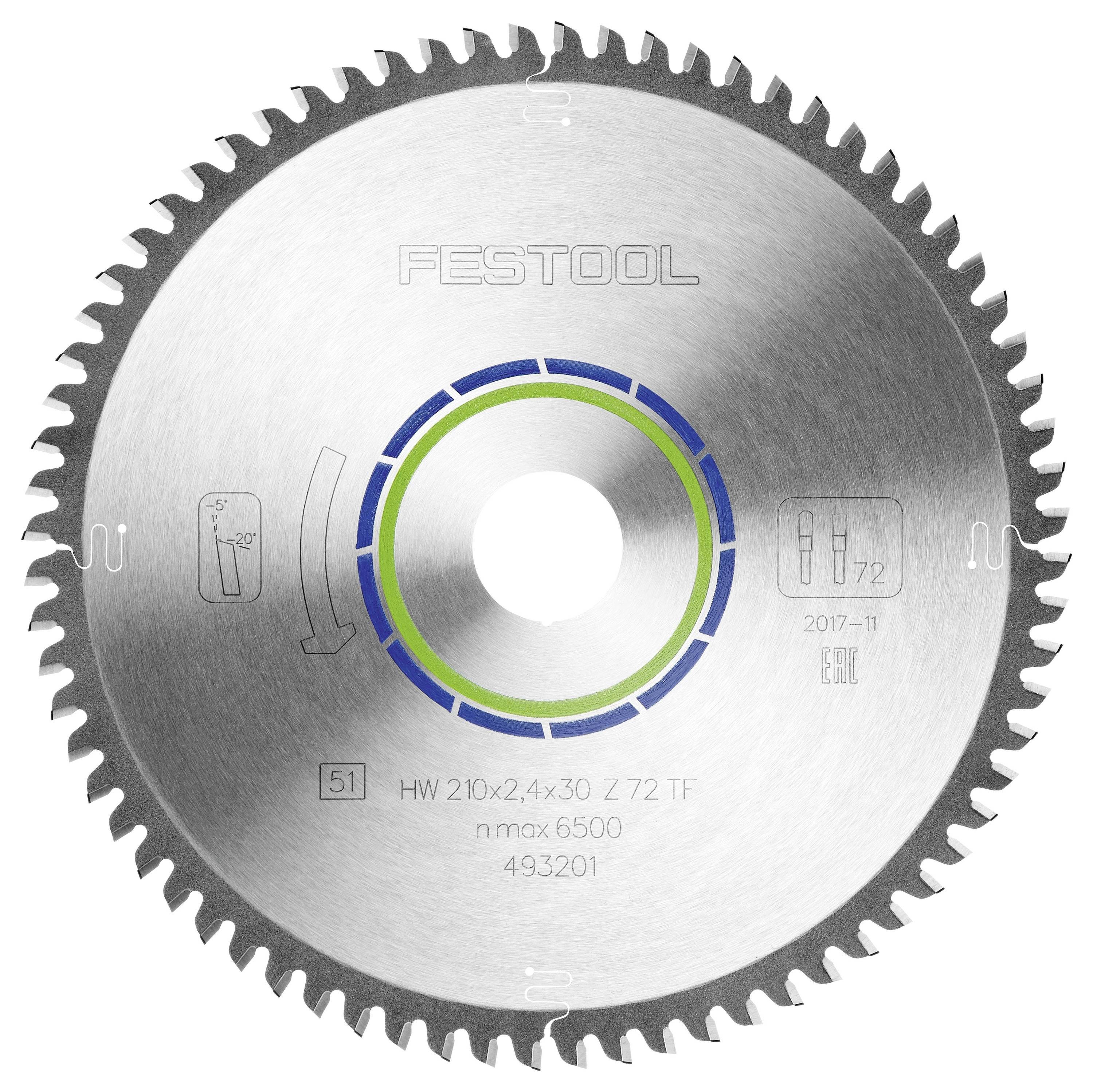 Krožna žaga z 48 ostrimi zobmi, osrednjim logotipom in specifikacijami: 'HW 210x2,4x30 Z 72 TF nmax 6500 493201'.