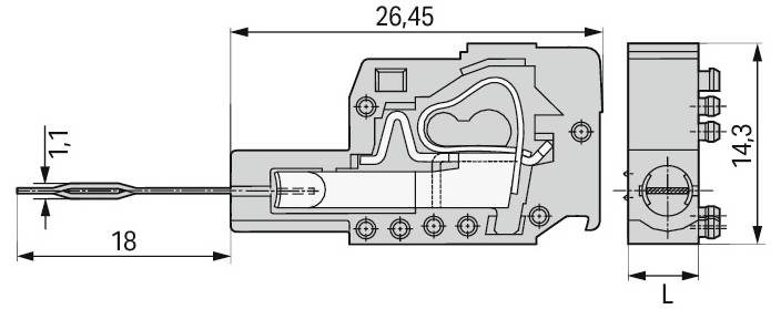 Tehnični diagram električne stikalne naprave, ki prikazuje notranje komponente in mere: dolžina 26,45, višina 14,3, širina 18 enot.