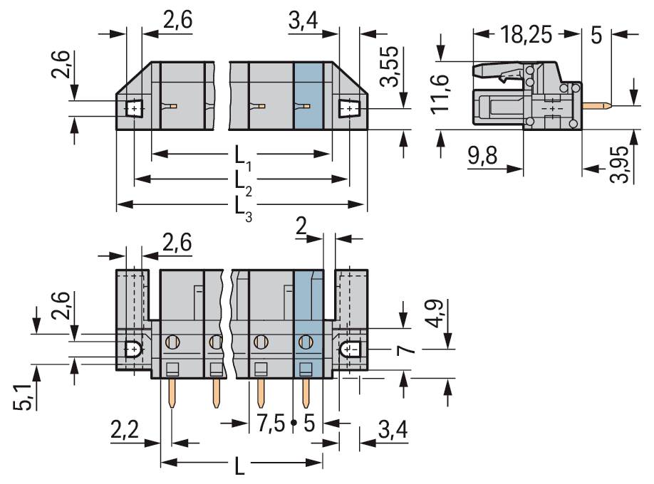 Tehnični diagram električnega priključka s podrobnimi meritvami, prikazujočih prednji in stranski pogled. Vključuje dimenzije v milimetrih za natančno namestitev.