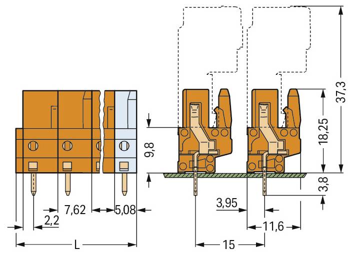 Tehnični diagram, ki prikazuje pogled od strani in sprednji pogled oranžnega dvojnega terminalnega bloka z merami označenimi v milimetrih.